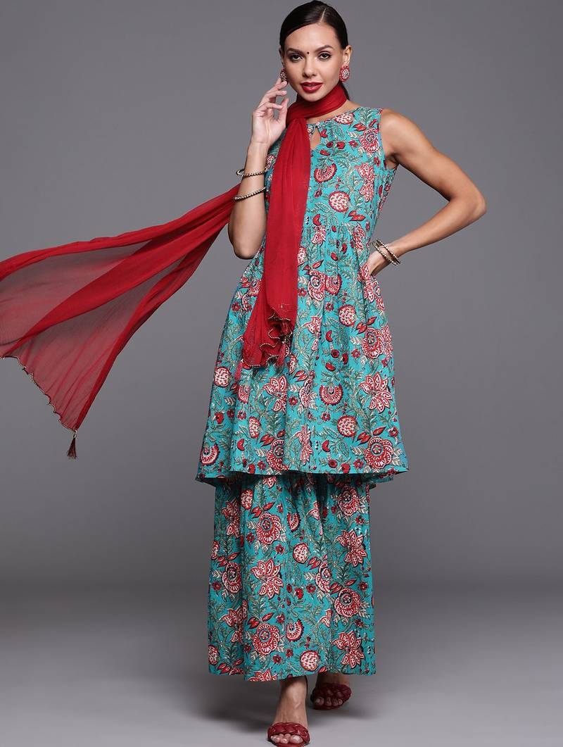Women Blue & Red Pure Cotton Floral Print Kurta with Sharara & With Dupatta