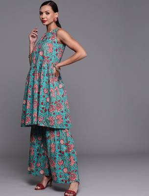 Women Blue & Red Pure Cotton Floral Print Kurta with Sharara & With Dupatta 6