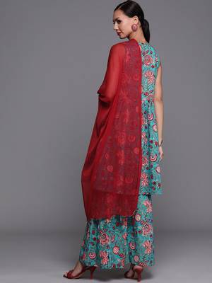 Women Blue & Red Pure Cotton Floral Print Kurta with Sharara & With Dupatta 7