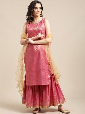 Pink & Gold-Colored Brocade Sleeveless Kurta Sharara With Sequins Ruffle Dupatta 1