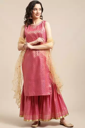 Pink & Gold-Colored Brocade Sleeveless Kurta Sharara With Sequins Ruffle Dupatta