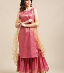 Pink & Gold-Colored Brocade Sleeveless Kurta Sharara With Sequins Ruffle Dupatta