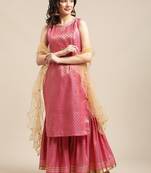 Pink & Gold-Colored Brocade Sleeveless Kurta Sharara With Sequins Ruffle Dupatta