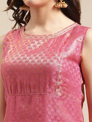 Pink & Gold-Colored Brocade Sleeveless Kurta Sharara With Sequins Ruffle Dupatta 2