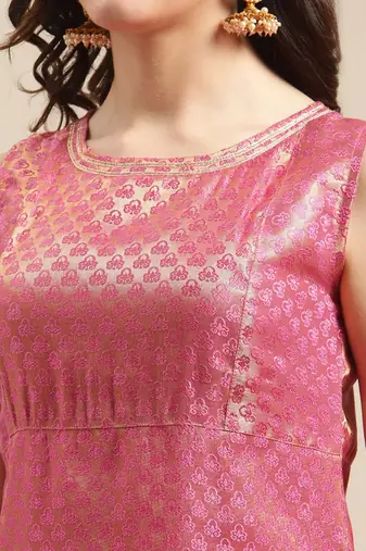Pink & Gold-Colored Brocade Sleeveless Kurta Sharara With Sequins Ruffle Dupatta