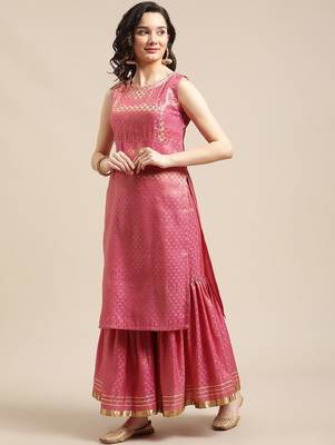 Pink & Gold-Colored Brocade Sleeveless Kurta Sharara With Sequins Ruffle Dupatta 5