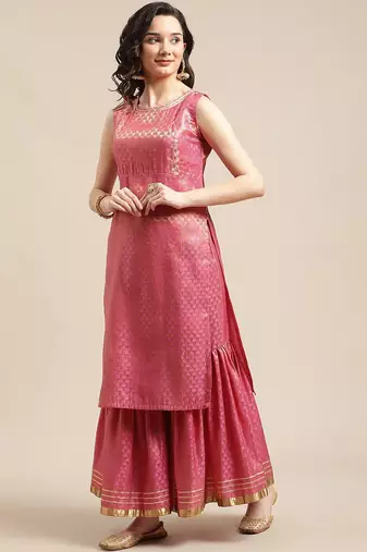 Pink & Gold-Colored Brocade Sleeveless Kurta Sharara With Sequins Ruffle Dupatta