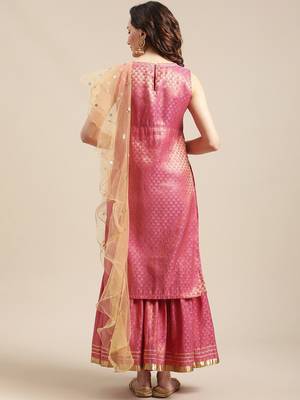 Pink & Gold-Colored Brocade Sleeveless Kurta Sharara With Sequins Ruffle Dupatta 6