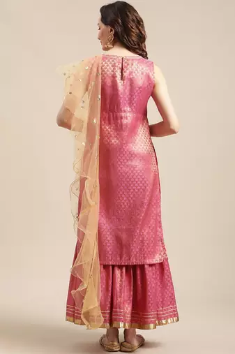 Pink & Gold-Colored Brocade Sleeveless Kurta Sharara With Sequins Ruffle Dupatta