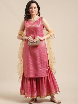 Pink & Gold-Colored Brocade Sleeveless Kurta Sharara With Sequins Ruffle Dupatta 7