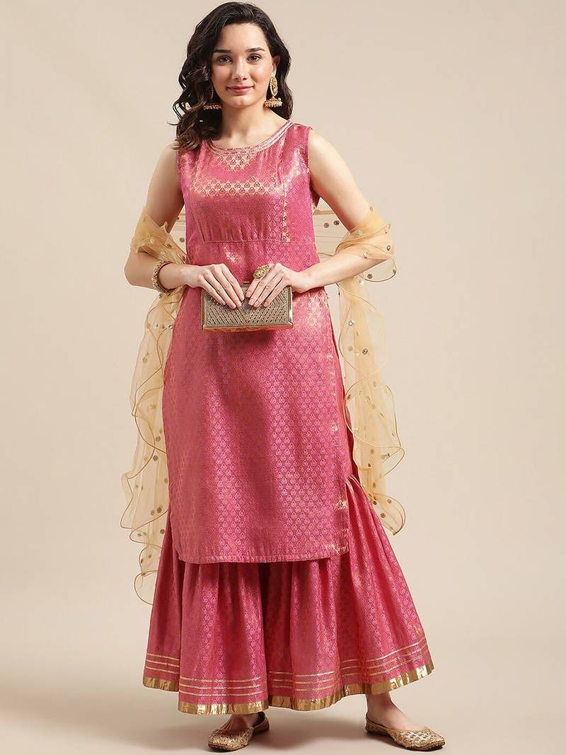 Pink & Gold-Colored Brocade Sleeveless Kurta Sharara With Sequins Ruffle Dupatta