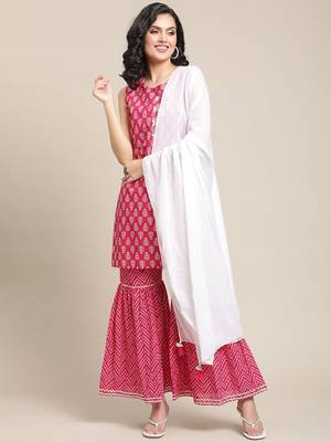 Women Pink Ethnic Motifs Yoke Design Regular Gotta Patti Pure Cotton Kurta with Sharara & With 1
