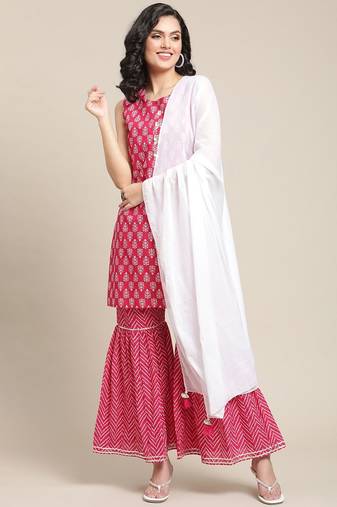 Women Pink Ethnic Motifs Yoke Design Regular Gotta Patti Pure Cotton Kurta with Sharara & With