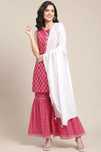 Women Pink Ethnic Motifs Yoke Design Regular Gotta Patti Pure Cotton Kurta with Sharara & With