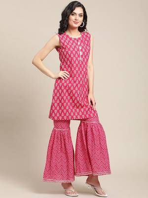 Women Pink Ethnic Motifs Yoke Design Regular Gotta Patti Pure Cotton Kurta with Sharara & With 5