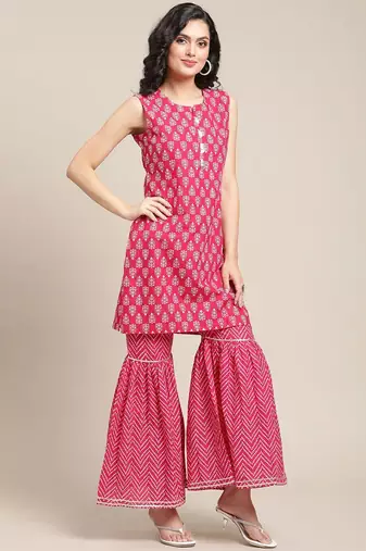 Women Pink Ethnic Motifs Yoke Design Regular Gotta Patti Pure Cotton Kurta with Sharara & With