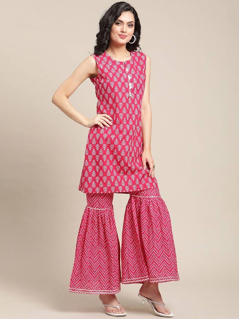 Women Pink Ethnic Motifs Yoke Design Regular Gotta Patti Pure Cotton Kurta with Sharara & With