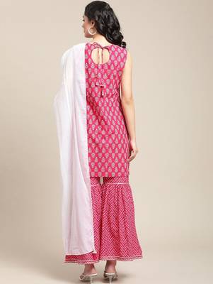 Women Pink Ethnic Motifs Yoke Design Regular Gotta Patti Pure Cotton Kurta with Sharara & With 6