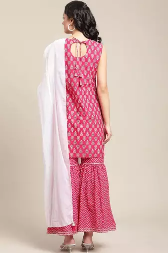 Women Pink Ethnic Motifs Yoke Design Regular Gotta Patti Pure Cotton Kurta with Sharara & With