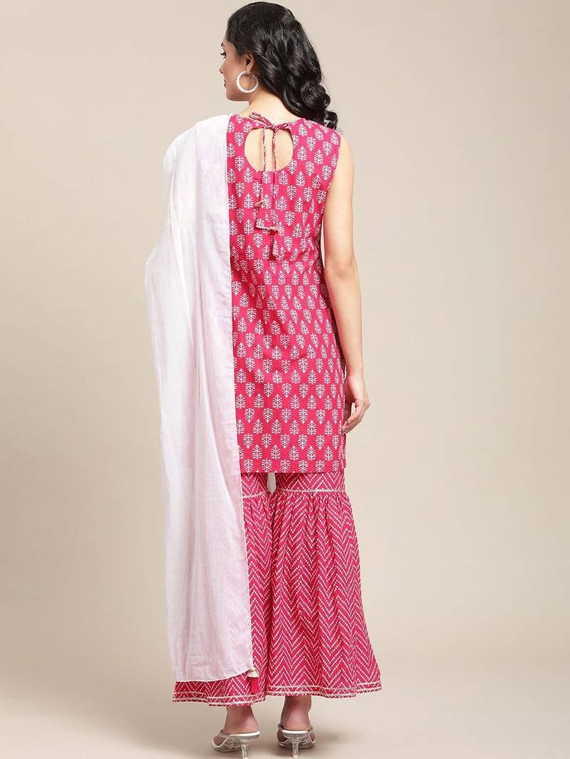 Women Pink Ethnic Motifs Yoke Design Regular Gotta Patti Pure Cotton Kurta with Sharara & With