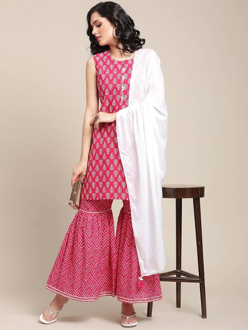 Women Pink Ethnic Motifs Yoke Design Regular Gotta Patti Pure Cotton Kurta with Sharara & With