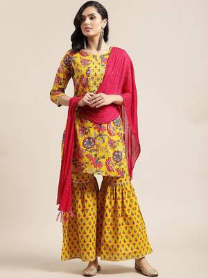 Women Yellow Floral Printed Straight Pure Cotton Kurta & Sharara With Dupatta 1