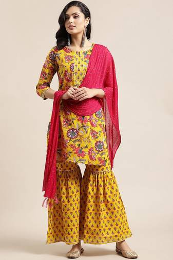 Women Yellow Floral Printed Straight Pure Cotton Kurta & Sharara With Dupatta