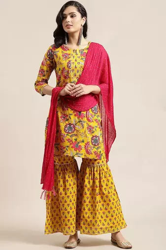 Women Yellow Floral Printed Straight Pure Cotton Kurta & Sharara With Dupatta