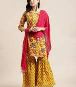 Women Yellow Floral Printed Straight Pure Cotton Kurta & Sharara With Dupatta