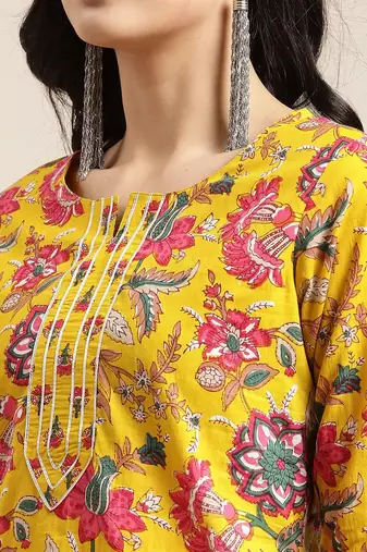 Women Yellow Floral Printed Straight Pure Cotton Kurta & Sharara With Dupatta
