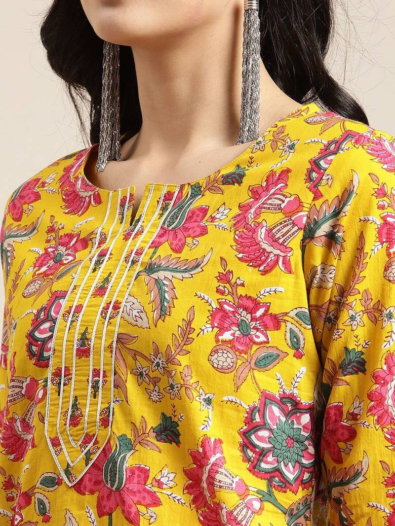 Women Yellow Floral Printed Straight Pure Cotton Kurta & Sharara With Dupatta