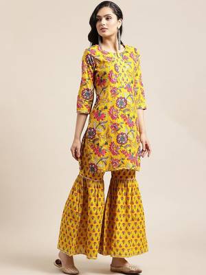 Women Yellow Floral Printed Straight Pure Cotton Kurta & Sharara With Dupatta 5