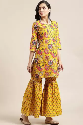 Women Yellow Floral Printed Straight Pure Cotton Kurta & Sharara With Dupatta