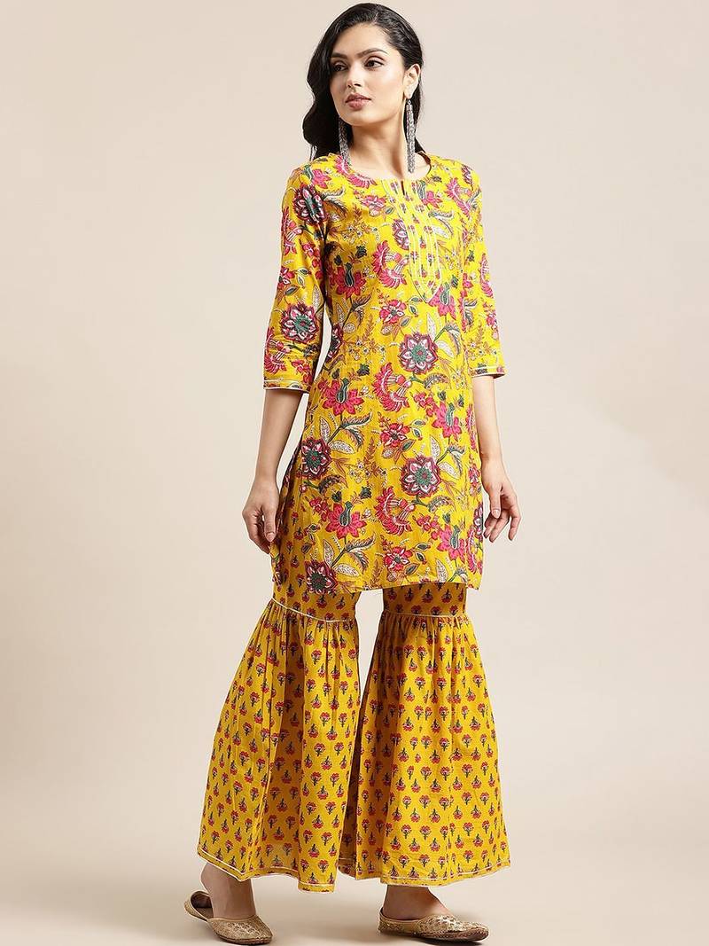 Women Yellow Floral Printed Straight Pure Cotton Kurta & Sharara With Dupatta