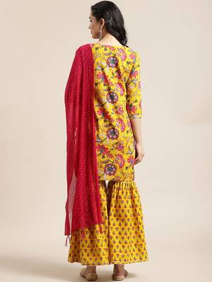 Women Yellow Floral Printed Straight Pure Cotton Kurta & Sharara With Dupatta 6
