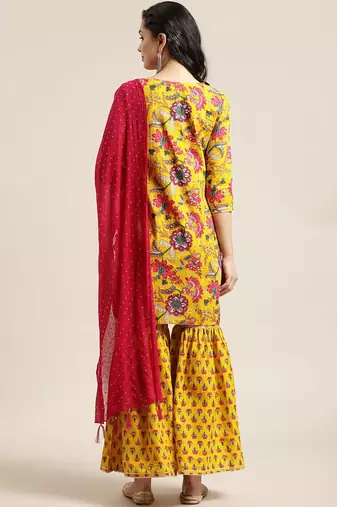 Women Yellow Floral Printed Straight Pure Cotton Kurta & Sharara With Dupatta
