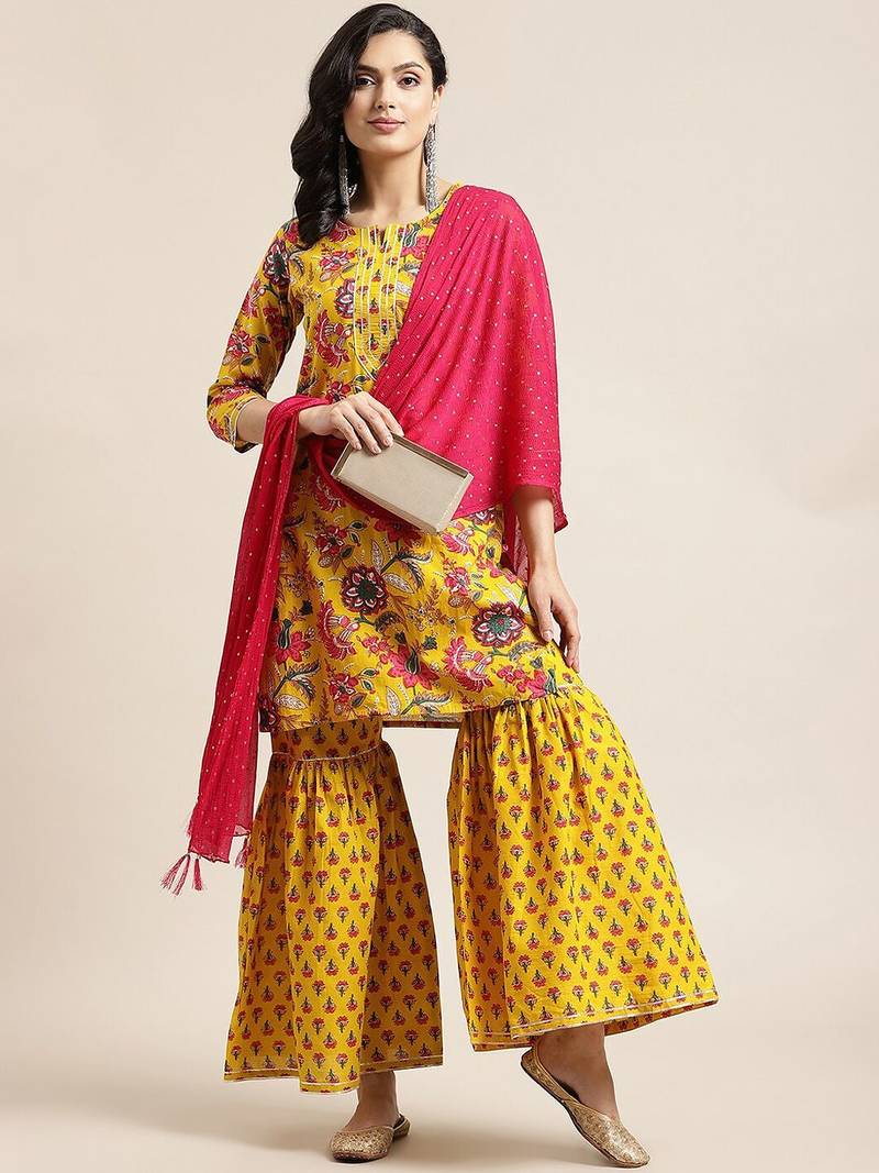 Women Yellow Floral Printed Straight Pure Cotton Kurta & Sharara With Dupatta