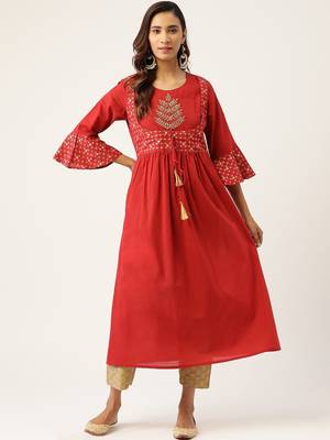 Women Red & Beige Zari Embroidered Kurta with Trousers 1