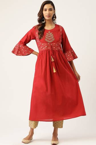 Women Red & Beige Zari Embroidered Kurta with Trousers