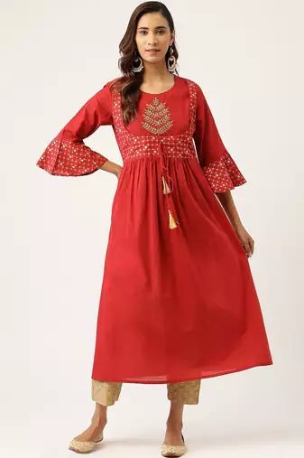 Women Red & Beige Zari Embroidered Kurta with Trousers