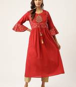 Women Red & Beige Zari Embroidered Kurta with Trousers