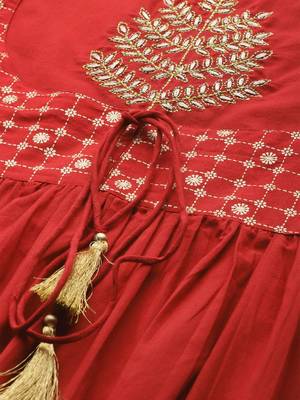 Women Red & Beige Zari Embroidered Kurta with Trousers 2