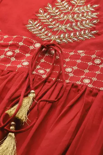 Women Red & Beige Zari Embroidered Kurta with Trousers
