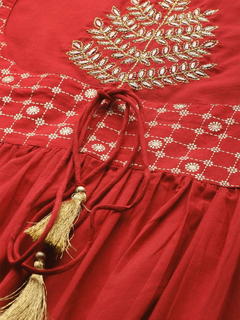 Women Red & Beige Zari Embroidered Kurta with Trousers