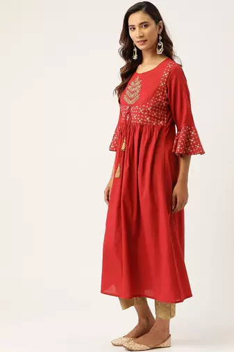 Women Red & Beige Zari Embroidered Kurta with Trousers
