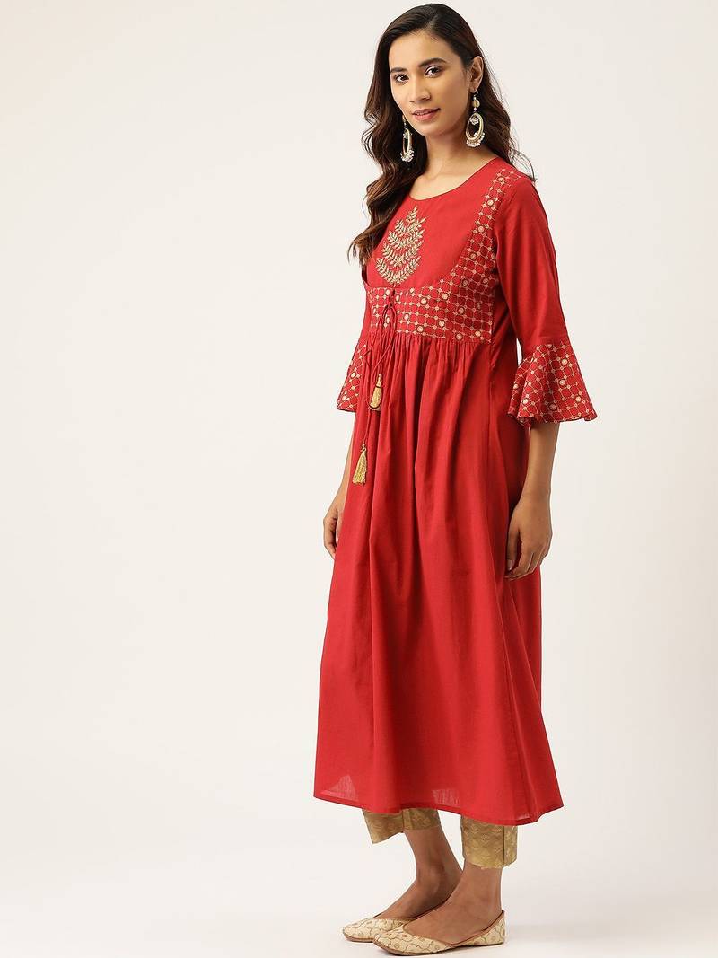 Women Red & Beige Zari Embroidered Kurta with Trousers