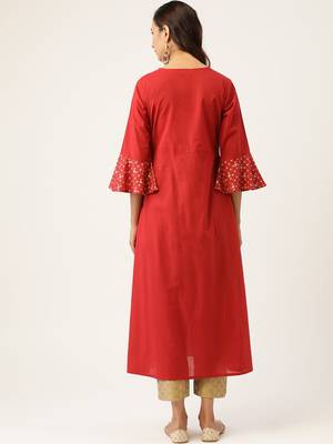Women Red & Beige Zari Embroidered Kurta with Trousers 5