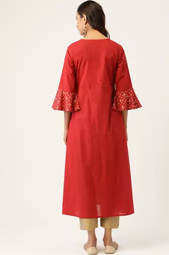 Women Red & Beige Zari Embroidered Kurta with Trousers