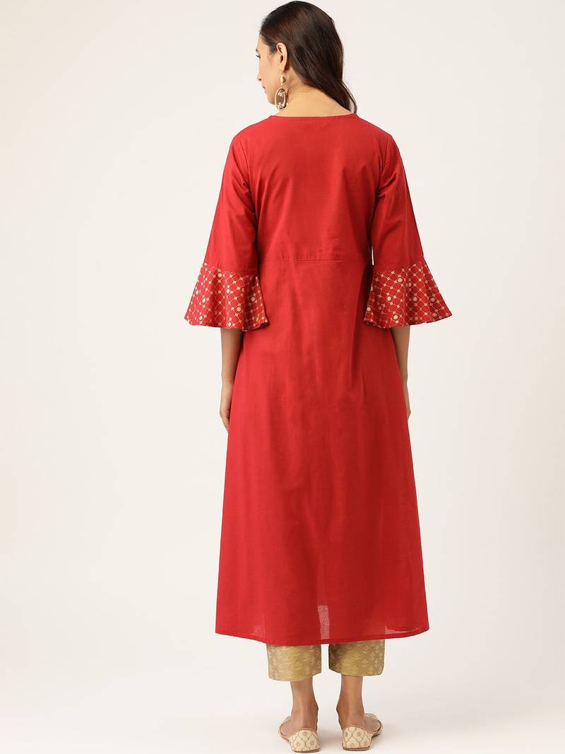 Women Red & Beige Zari Embroidered Kurta with Trousers