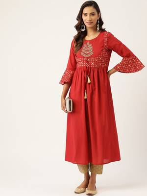 Women Red & Beige Zari Embroidered Kurta with Trousers 6
